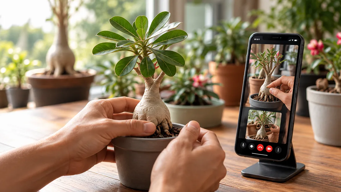 Manos revisando una Rosa del Desierto en maceta junto a un celular con una videollamada sobre la planta