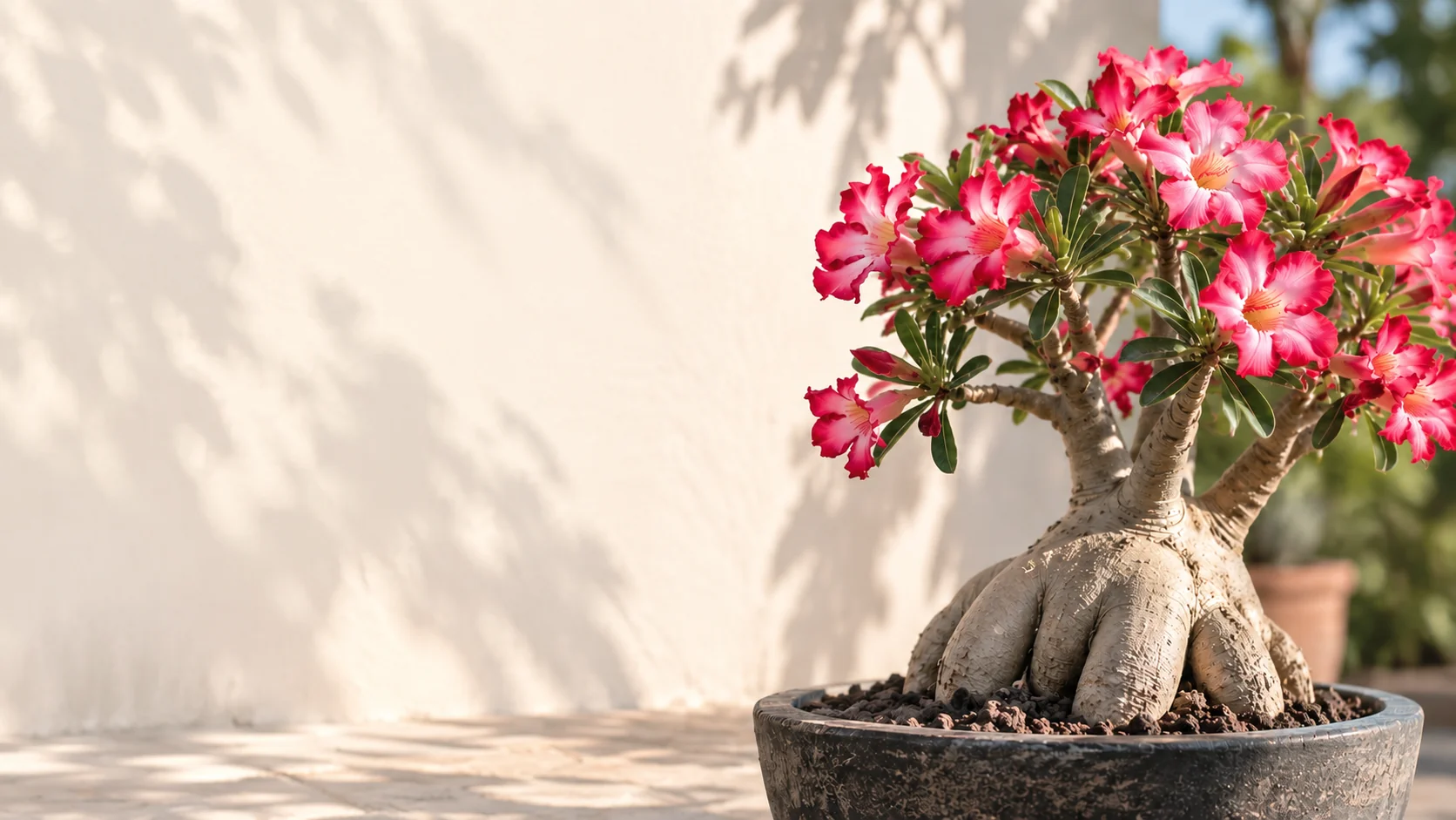 Rosa del Desierto con flores rosas y blancas y caudex expuesto en una maceta bajo luz cálida