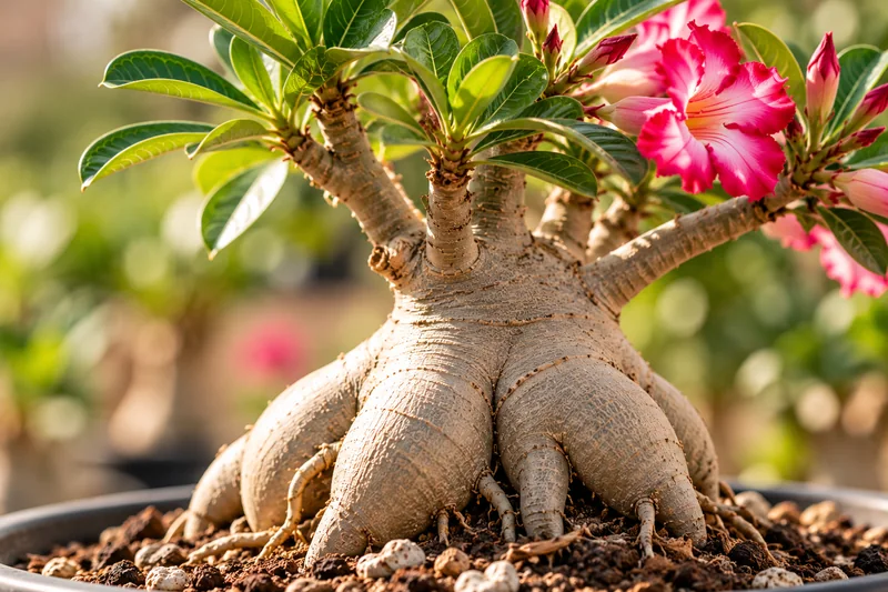 Caudex y raíces gruesas de una Rosa del Desierto en flor