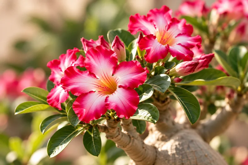 Flores rosas y blancas de Rosa del Desierto bajo el sol
