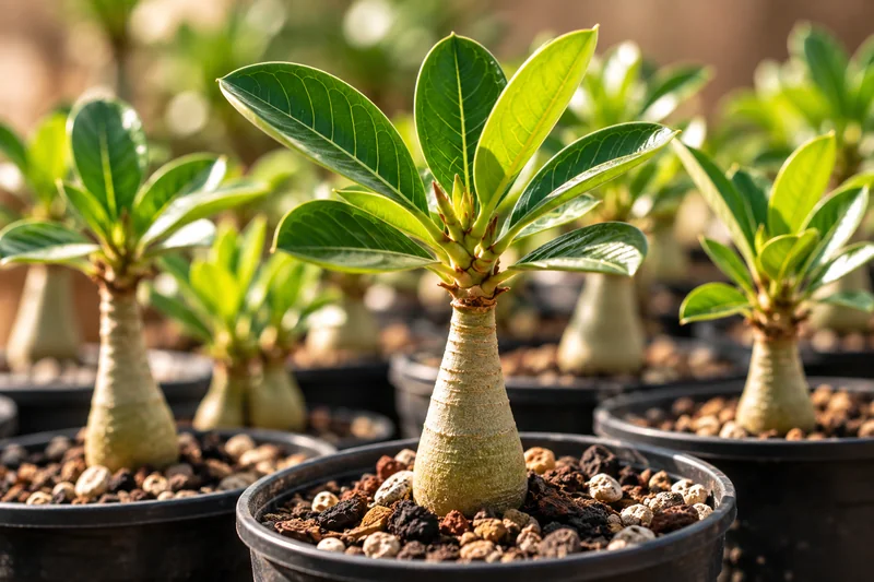 Plantas jóvenes de Rosa del Desierto en macetas
